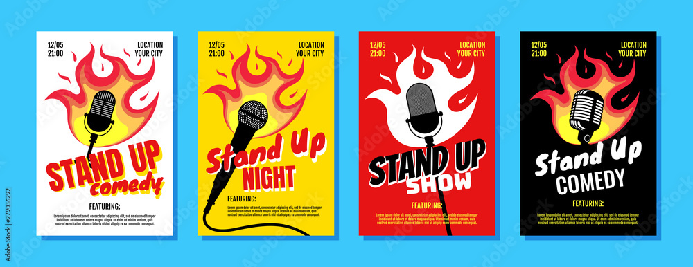 Stand up comedy night live show A3 A4 poster design template set. Retro microphone with fire on white yellow red black background. Hot jokes roasting concept flyer. Vector open mic illustration