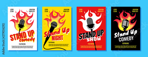 Stand up comedy night live show A3 A4 poster design template set. Retro microphone with fire on white yellow red black background. Hot jokes roasting concept flyer. Vector open mic illustration