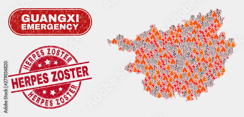 Vector collage of firestorm Guangxi Province map and red rounded scratched Herpes Zoster seal. Emergency Guangxi Province map mosaic of burning, energy shock elements.