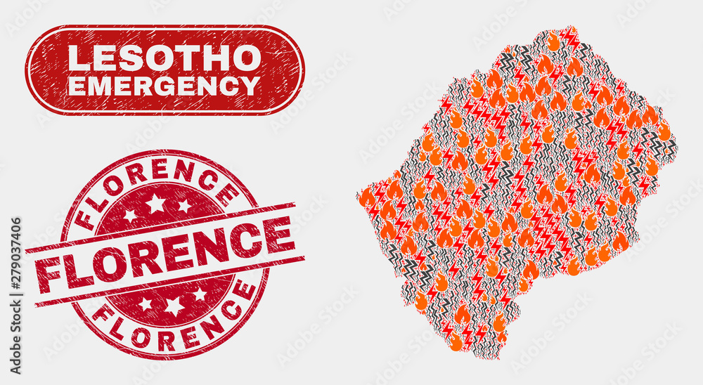 Vector composition of hazard Lesotho map and red rounded grunge Florence seal. Emergency Lesotho map mosaic of burning, electric lightning elements. Vector composition for insurance services, Vector composition of hazard Lesotho map and red rounded grunge Florence seal. Emergency Lesotho map mosaic of burning, electric lightning elements. Vector composition for insurance services,