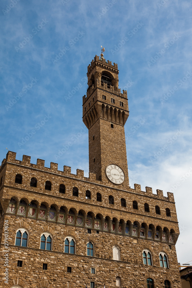 Clock tower of the Palazzo Vecchio built at the Piazza della Signoria in the 12th century in Florence