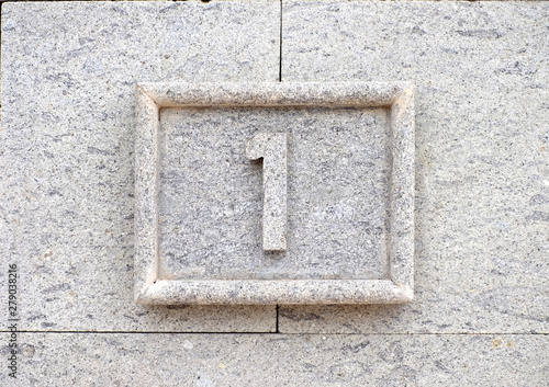1, number one, numeral digit symbol on stone background.