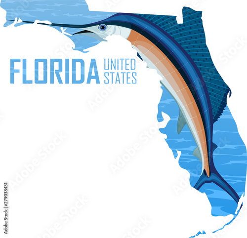 vector Florida - American state map with swordfish Atlantic sailfish