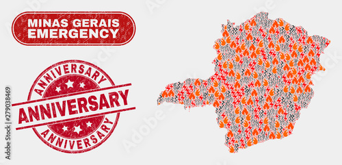 Vector collage of firestorm Minas Gerais State map and red round textured Anniversary seal. Emergency Minas Gerais State map mosaic of wildfire, energy shock icons.