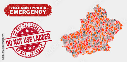 Vector composition of firestorm Xinjiang Uyghur Region map and red round grunge Do Not Use Ladder watermark. Emergency Xinjiang Uyghur Region map mosaic of destruction, electric hazard symbols.