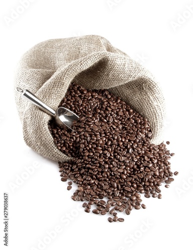 Coffee Beans With Scoop Falling Out Of Sack