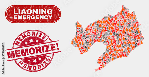 Vector collage of hazard Liaoning Province map and red rounded distress Memorize! watermark. Emergency Liaoning Province map mosaic of burning, energy hazard elements.
