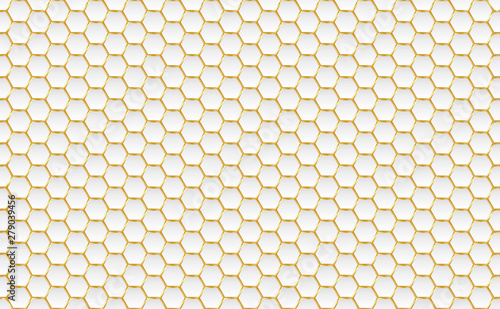 Gold and white honey hexagonal cells seamless texture. Mosaic or speaker fabric shape pattern. Technology concept. Honeyed comb grid texture and geometric hive hexagonal honeycombs. Vector