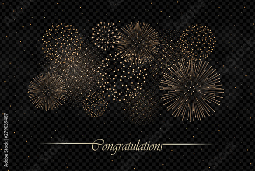 Big realistic firework show isolated on transparent on night sky background. Independence day concept. Congratulations background. Luxury abstract. Explosion concept. Galaxy show. Vector illustration