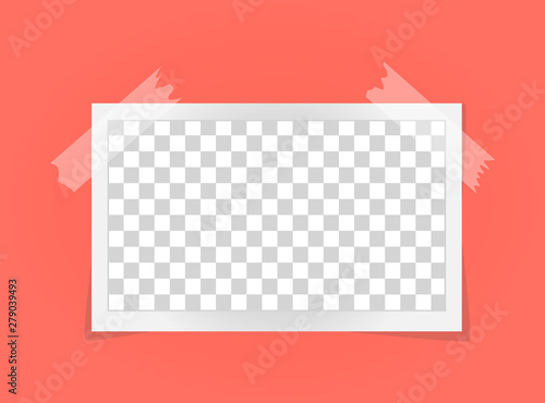Rectangle frame template on sticky tape with shadows isolated. Living coral - color of 2019 year. Memories concept in modern style. Vector illustration