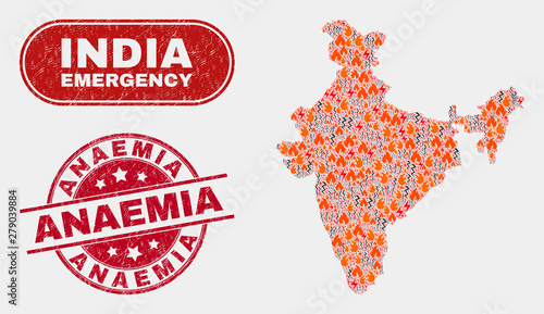 Vector collage of hazard India map and red round textured Anaemia seal stamp. Emergency India map mosaic of flame, power strike items. Vector collage for fire protection services, and Anaemia stamp.