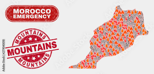 Vector collage of hazard Morocco map and red rounded distress Mountains seal stamp. Emergency Morocco map mosaic of flame, power strike elements. Vector collage for emergency services,