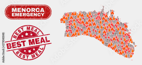Vector collage of wildfire Menorca Island map and red round grunge Best Meal watermark. Emergency Menorca Island map mosaic of destruction, power shock icons. Vector collage for emergency services,