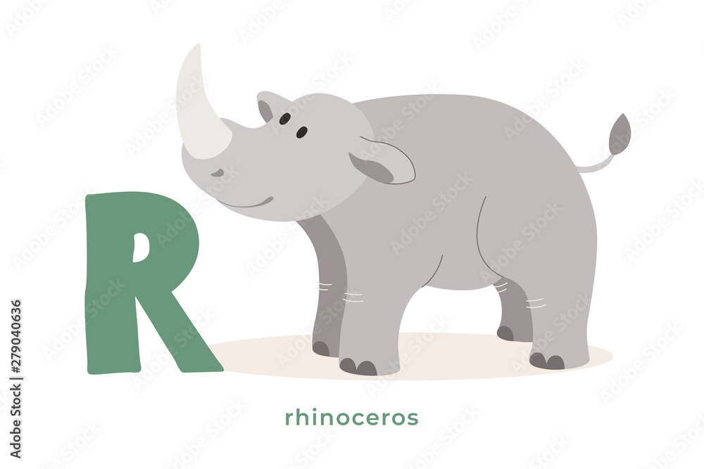 Fototapeta premium Cute cartoon rhinoceros with letter R. Fabulous African animal. Can be used for children's alphabets and books. Vector illustration on white isolated background.