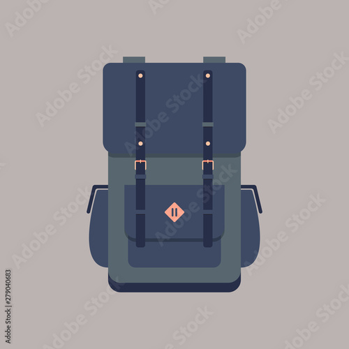 Vector illustration with flat backpack and sport suitcase. Hiking, camping, climbing, sport backpack. Mountain tourist equipment. Flat vector illustration.