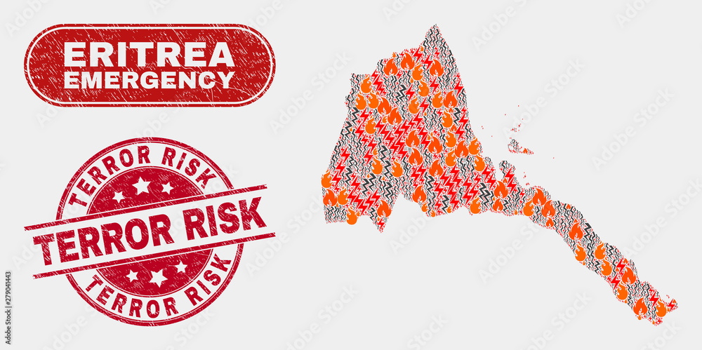 Vector collage of wildfire Eritrea map and red round scratched Terror Risk stamp. Emergency Eritrea map mosaic of destruction, energy strike items. Vector collage for emergency services, Vector collage of wildfire Eritrea map and red round scratched Terror Risk stamp. Emergency Eritrea map mosaic of destruction, energy strike items. Vector collage for emergency services,