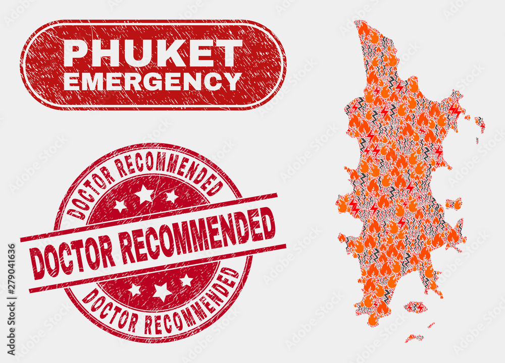 Vector composition of wildfire Phuket map and red round distress Doctor Recommended watermark. Emergency Phuket map mosaic of burning, energy hazard icons. Vector composition for safety services, Vector composition of wildfire Phuket map and red round distress Doctor Recommended watermark. Emergency Phuket map mosaic of burning, energy hazard icons. Vector composition for safety services,