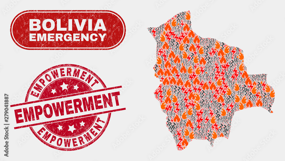 Vector composition of disaster Bolivia map and red round textured Empowerment seal stamp. Emergency Bolivia map mosaic of fire, energy shock elements. Vector composition for emergency services,
