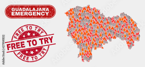 Vector collage of danger Guadalajara Province map and red round scratched Free to Try stamp. Emergency Guadalajara Province map mosaic of fire, electric strike items.