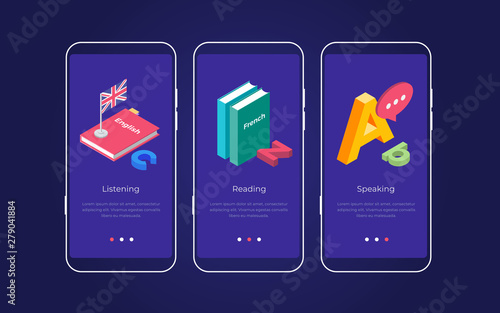 Set of onboarding screens for mobile apps. Banners with letters of the Latin alphabet and books for learning a foreign language. Mobile UI UX app interface template. Vector illustration.