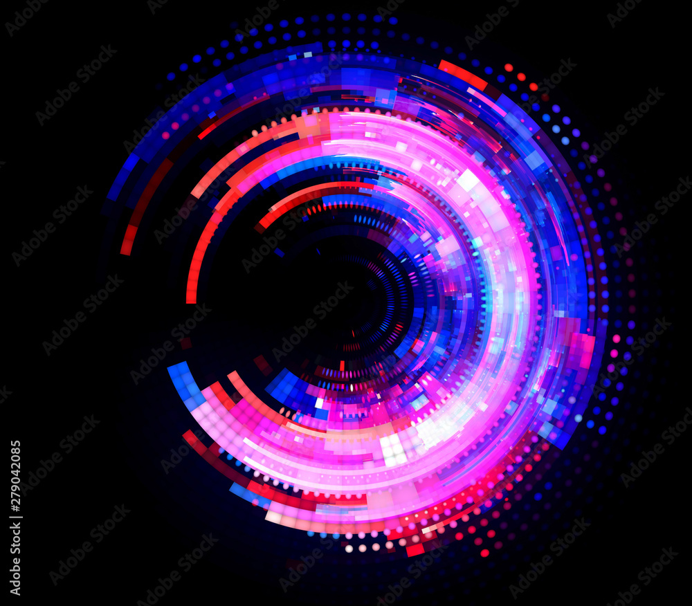 Plakat Vivid abstract background. Beautiful design of rotation frame. .Mystical portal. Bright sphere lens. Rotating lines. Glow ring. .Magic neon ball. Led blurred swirl. Spiral glint lines.