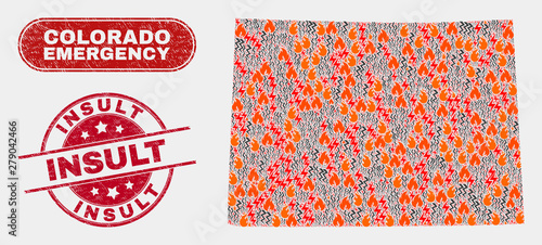 Vector composition of danger Colorado State map and red round grunge Insult seal stamp. Emergency Colorado State map mosaic of burning, energy flash items. Vector composition for emergency services,