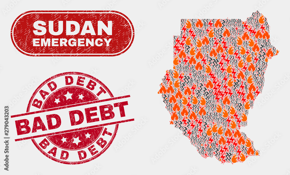 Vector composition of wildfire Sudan map and red rounded scratched Bad Debt seal. Emergency Sudan map mosaic of wildfire, electric flash symbols. Vector combination for fire protection services, Vector composition of wildfire Sudan map and red rounded scratched Bad Debt seal. Emergency Sudan map mosaic of wildfire, electric flash symbols. Vector combination for fire protection services,