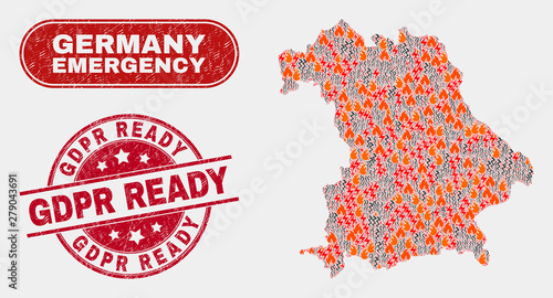 Vector composition of firestorm Germany map and red round scratched Gdpr Ready seal. Emergency Germany map mosaic of wildfire, energy shock items. Vector combination for emergency services,