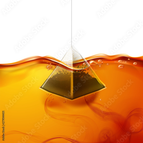 Vector realistic pyramid teabag dipped into water