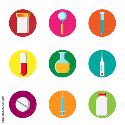 Set of medical icons in a circle, medical equipment items pills, loupes, syringes, cans, thermometers, flasks, capsules on a white background. Concept: computer modern new technologies in healthcare