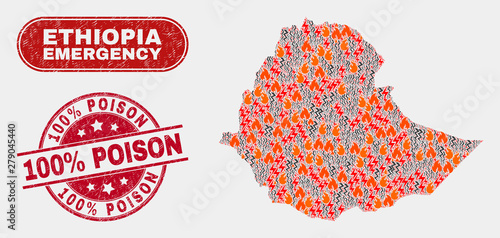 Vector collage of firestorm Ethiopia map and red round grunge 100% Poison seal stamp. Emergency Ethiopia map mosaic of burning, energy flash icons. Vector collage for emergency services,