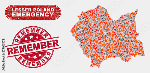 Vector composition of danger Lesser Poland Voivodeship map and red rounded textured Remember seal. Emergency Lesser Poland Voivodeship map mosaic of fire, energy flash elements.
