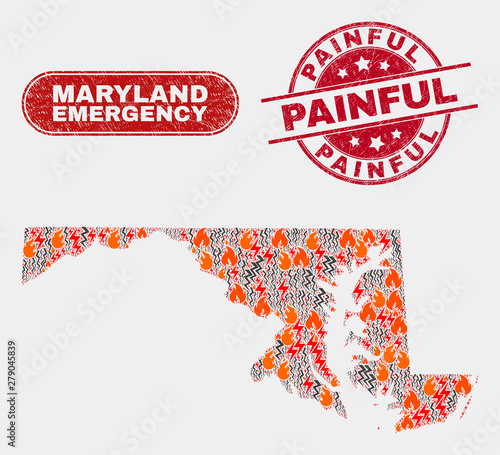 Vector composition of firestorm Maryland State map and red round grunge Painful seal stamp. Emergency Maryland State map mosaic of fire, power lightning elements.