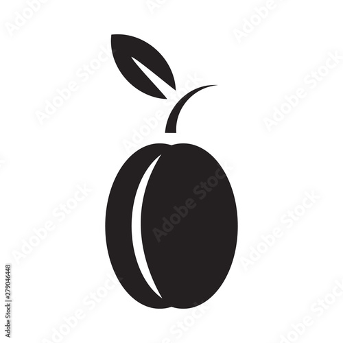 Plum fruit icon with stem and leaf, black isolated on white background, vector illustration.