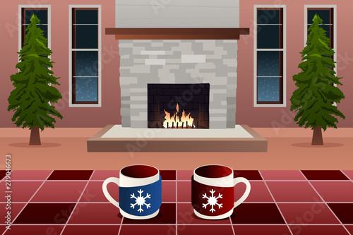 Two Mugs in Front of Fireplace during Winter Season Illustration