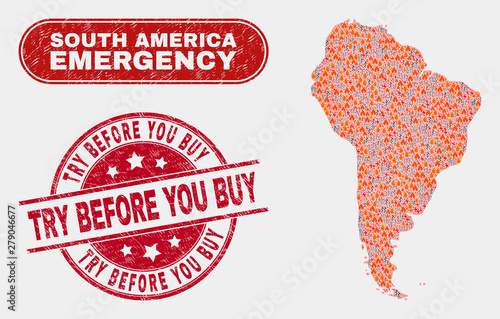 Vector collage of firestorm South America map and red rounded textured Try Before You Buy seal stamp. Emergency South America map mosaic of burning, energy strike elements.