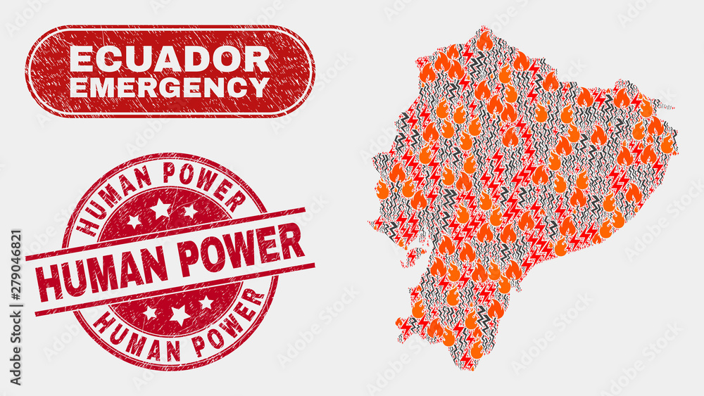 Vector composition of danger Ecuador map and red rounded distress Human Power seal stamp. Emergency Ecuador map mosaic of flame, power hazard items. Vector composition for emergency services, Vector composition of danger Ecuador map and red rounded distress Human Power seal stamp. Emergency Ecuador map mosaic of flame, power hazard items. Vector composition for emergency services,