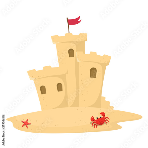 Sand castle with flag in cartoon style. Vector illustration on white background. 