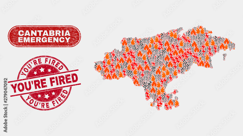 Vector collage of hazard Cantabria Province map and red rounded scratched You'Re Fired seal stamp. Emergency Cantabria Province map mosaic of burning, power lightning elements.