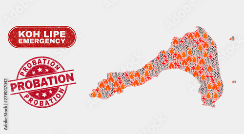 Vector composition of danger Koh Lipe map and red rounded textured Probation seal. Emergency Koh Lipe map mosaic of burning, power hazard items. Vector collage for emergency services,