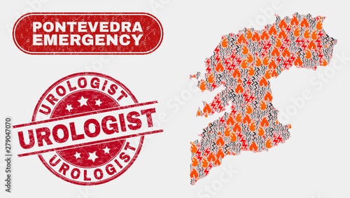 Vector collage of hazard Pontevedra Province map and red round grunge Urologist watermark. Emergency Pontevedra Province map mosaic of destruction, power hazard icons.