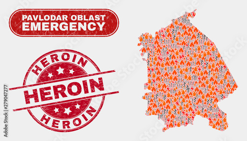Vector collage of danger Pavlodar Region map and red rounded textured Heroin watermark. Emergency Pavlodar Region map mosaic of wildfire, energy hazard elements.
