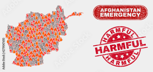 Vector composition of disaster Afghanistan map and red round distress Harmful seal stamp. Emergency Afghanistan map mosaic of fire, electric strike elements.
