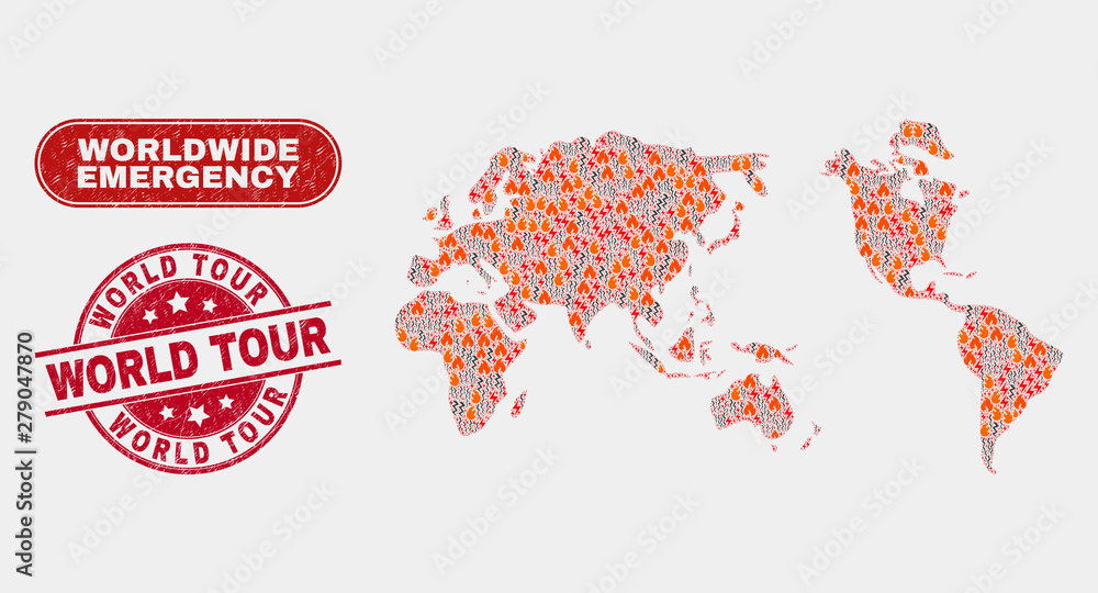 Vector collage of wildfire worldwide map and red rounded scratched World Tour seal. Emergency worldwide map mosaic of wildfire, power strike icons. Vector combination for emergency services,