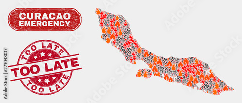 Vector collage of hazard Curacao Island map and red rounded textured Too Late seal stamp. Emergency Curacao Island map mosaic of fire, electric hazard icons. Vector collage for guard services,