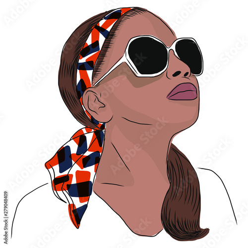 Stylised vector illustration of woman wearing sunglasses and headband.