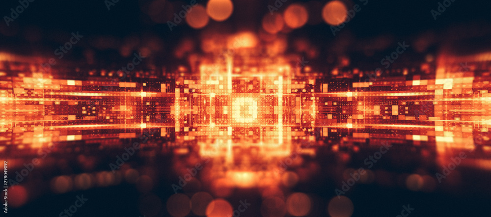 Fototapeta premium 3d illustration. Data storage service. Server room..Modern web network. Internet connection. .Quantum computer system. Blockchain technology..Grid and lines. Hosting domain. Electronic device.