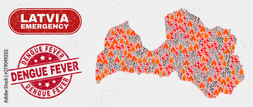 Vector composition of disaster Latvia map and red round grunge Dengue Fever seal. Emergency Latvia map mosaic of flame, electric hazard elements. Vector composition for guard services,