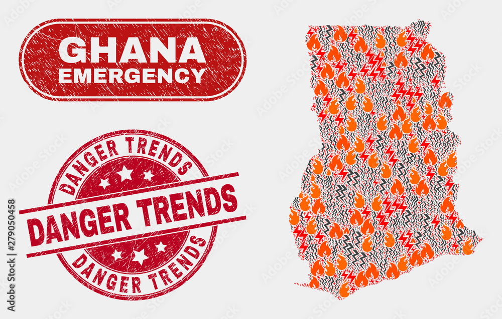 Vector collage of wildfire Ghana map and red round distress Danger Trends stamp. Emergency Ghana map mosaic of wildfire, electric hazard icons. Vector combination for emergency services, Vector collage of wildfire Ghana map and red round distress Danger Trends stamp. Emergency Ghana map mosaic of wildfire, electric hazard icons. Vector combination for emergency services,