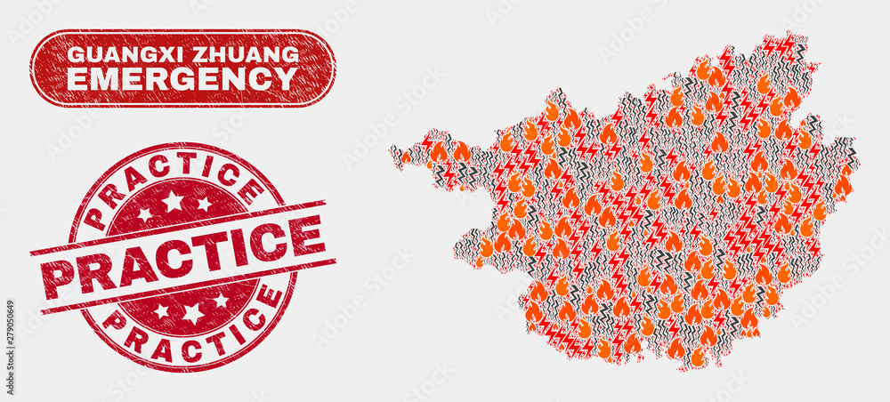 Vector composition of hazard Guangxi Zhuang Region map and red rounded distress Practice seal stamp. Emergency Guangxi Zhuang Region map mosaic of flame, electric lightning icons. Vector composition of hazard Guangxi Zhuang Region map and red rounded distress Practice seal stamp. Emergency Guangxi Zhuang Region map mosaic of flame, electric lightning icons.